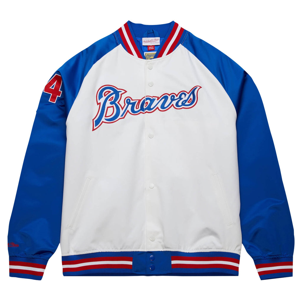 Men's Atlanta Braves Hank Aaron Mitchell & Ness White/Royal Cooperstown Collection Legends Lightweight Satin Raglan Full-Snap Jacket