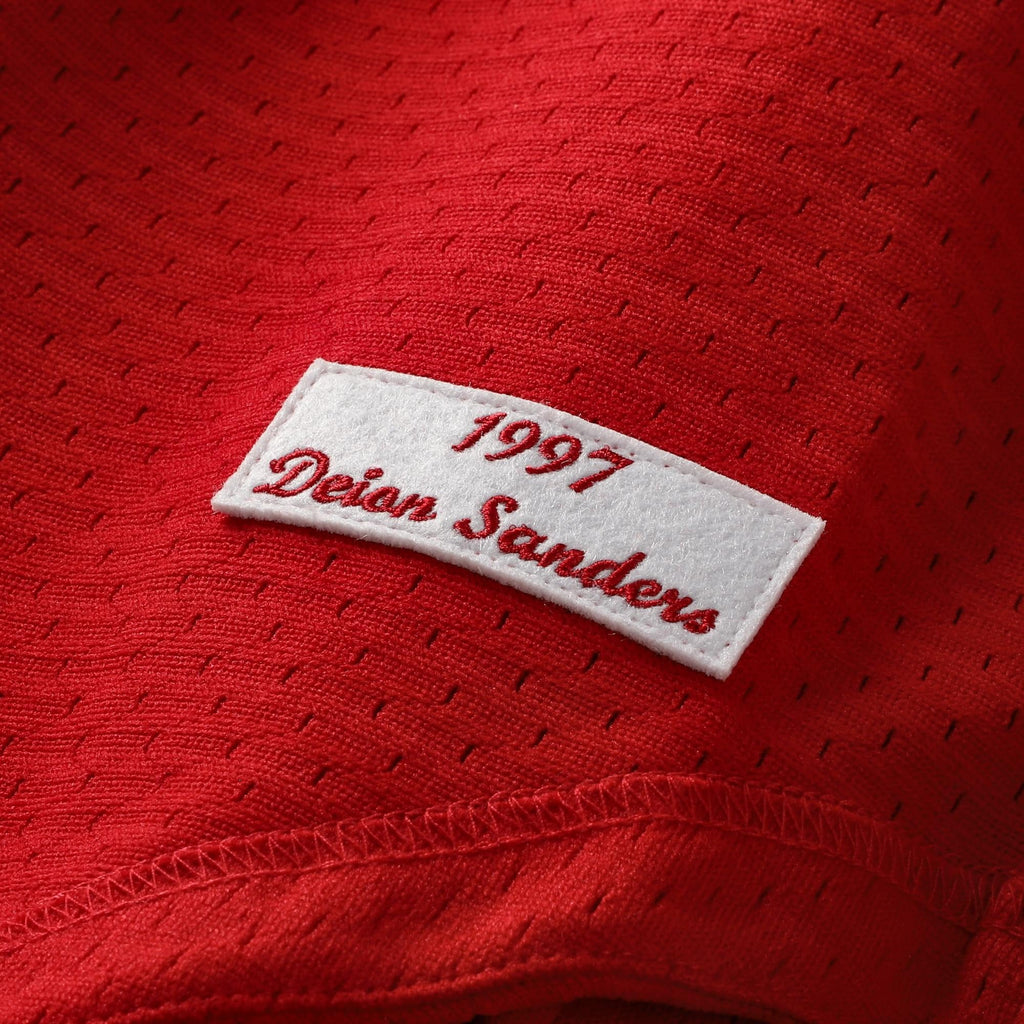 Men's Cincinnati Reds Deion Sanders Mitchell & Ness Red Cooperstown Mesh Batting Practice Button-Up Jersey