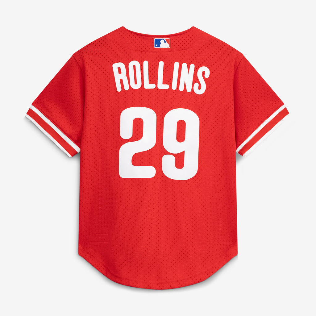 Men's Philadelphia Phillies Jimmy Rollins Mitchell & Ness Red Cooperstown Mesh Batting Practice Button-Up Jersey
