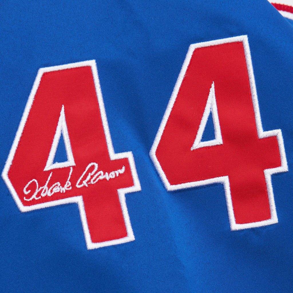 Men's Atlanta Braves Hank Aaron Mitchell & Ness White/Royal Cooperstown Collection Legends Lightweight Satin Raglan Full-Snap Jacket